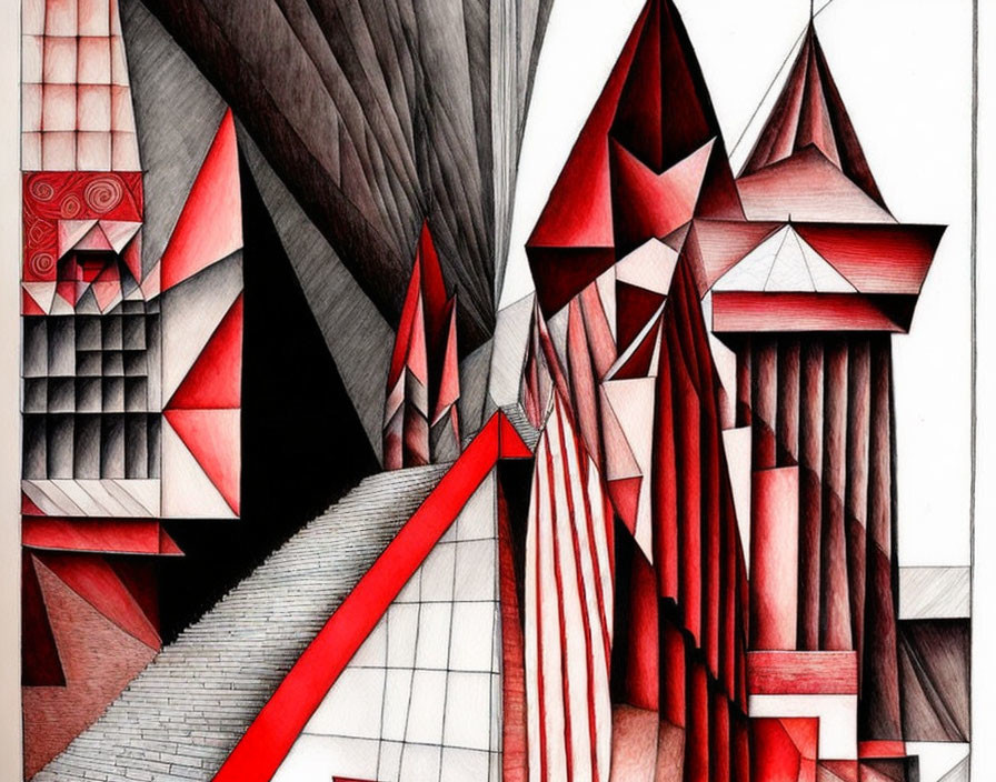 Colorful Geometric Abstract Drawing: Red and Black Shapes in Architectural Landscape