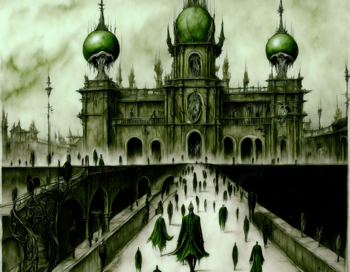 Gothic-style illustration of eerie castle with cloaked figures under green-tinted sky