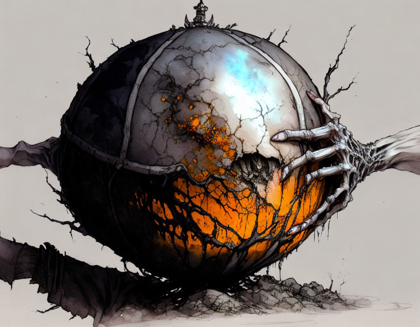 Desolate landscape with skeletal creature holding glowing orb