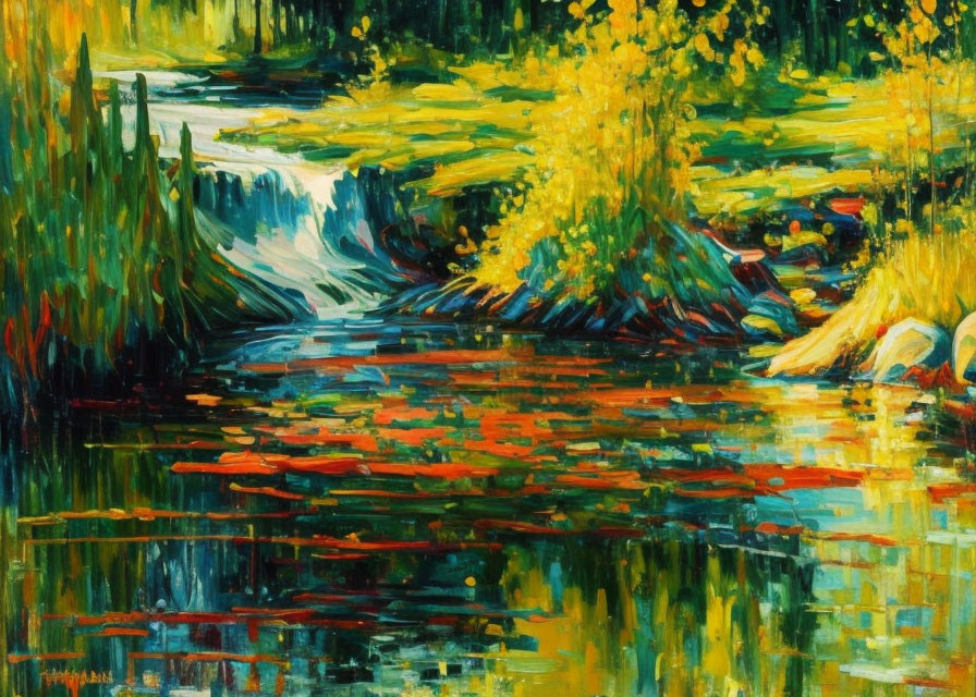 Vibrant Impressionist Forest Painting with Waterfall & Reflective River