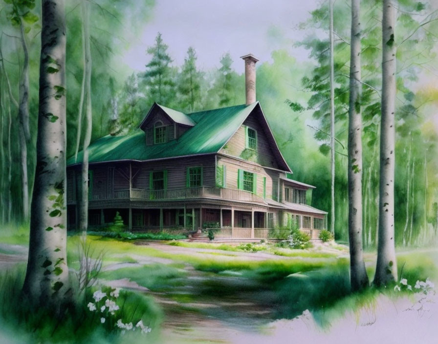 Tranquil forest scene with green-roofed house