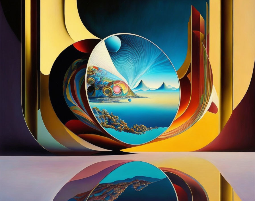 Abstract Circular Frame with Surreal Landscape: Mountains, Water, Waves