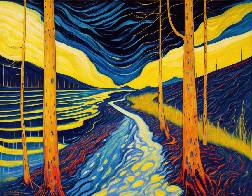 Colorful painting featuring stylized trees, blue river, and striped sky.