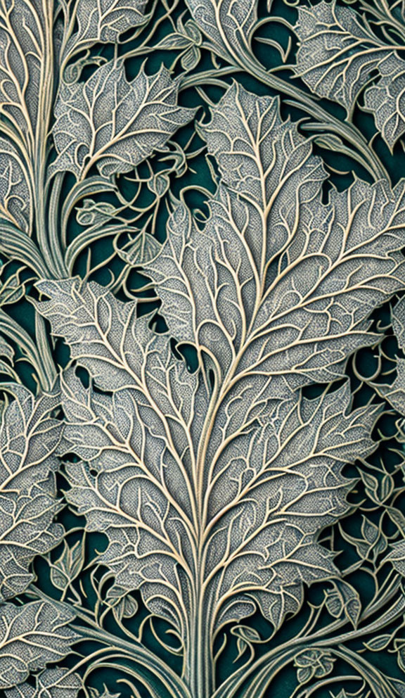 Detailed silver leafy tree patterns on dark teal background