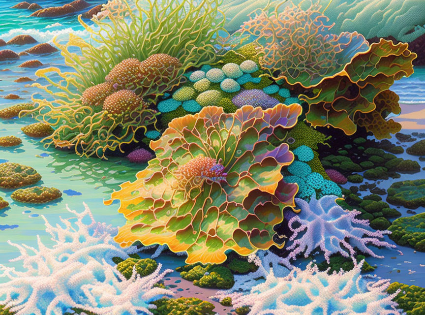 Colorful coral reef in shallow sunlit sea