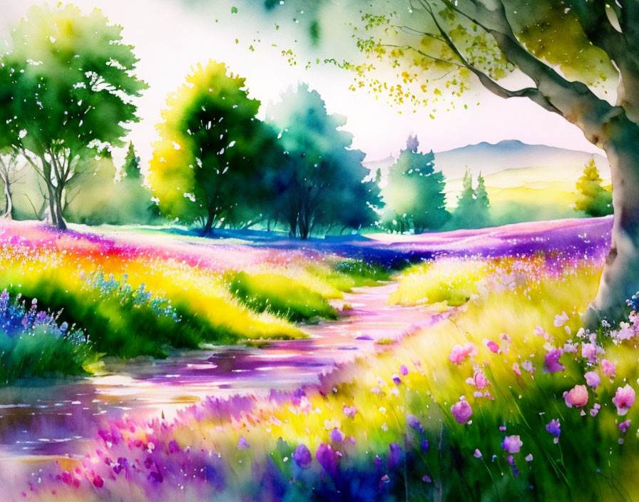 Vibrant watercolor painting of flower-filled meadow & winding path