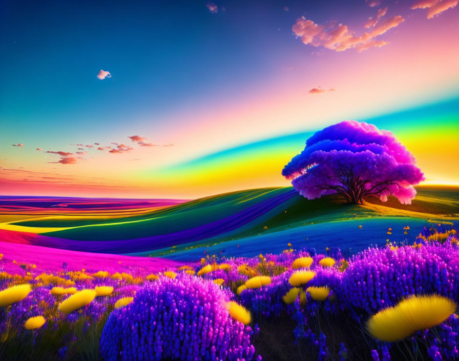 Colorful surreal landscape with purple tree and transitioning sky