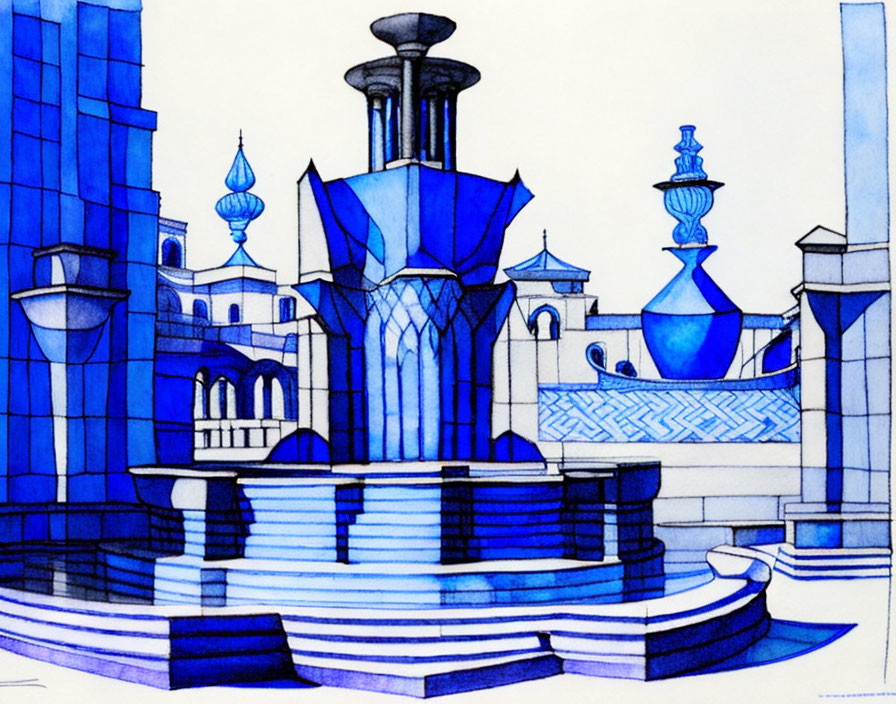 Blue-toned illustration of architectural ensemble with domed structures and archways