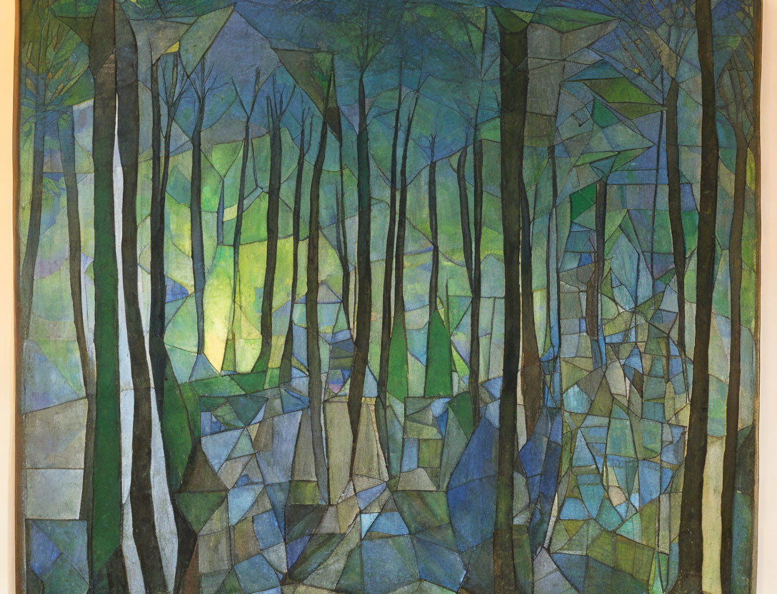 Cubist-style forest painting with stylized trees in green and blue.