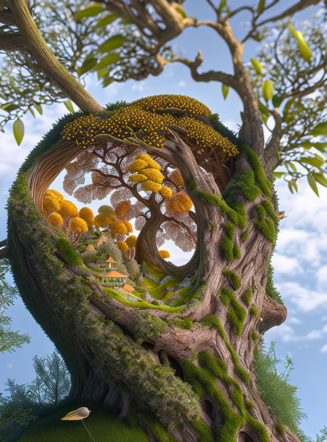 Whimsical digital artwork of large tree with spiral hollow and oriental-style building.