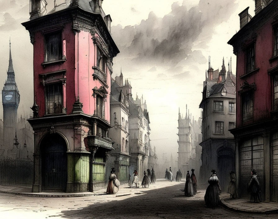 Victorian street scene with pedestrians, muted colors, gothic architecture