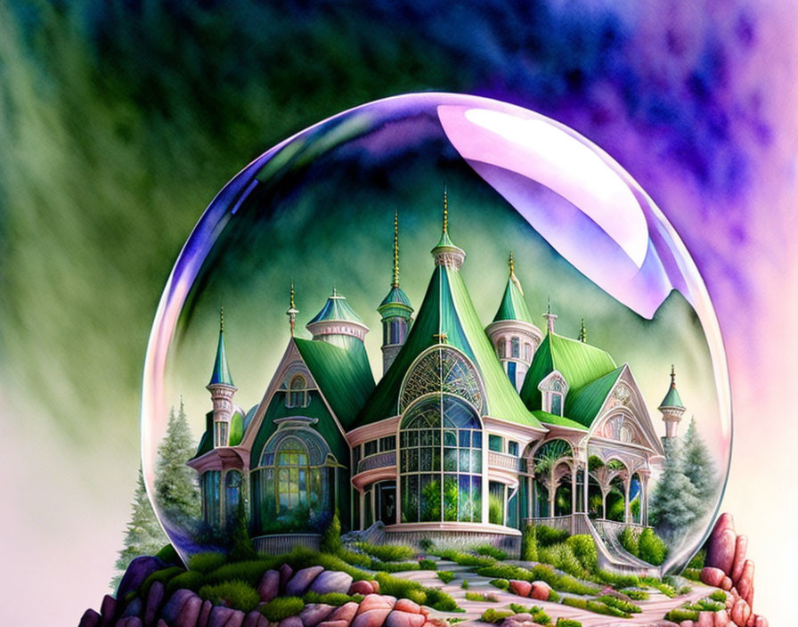 Fantastical Victorian-style greenhouse in transparent bubble held by hands against celestial backdrop