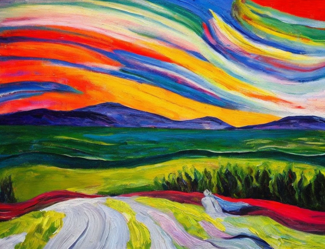 Colorful Swirling Sky Over Mountain Landscape with Lone Figure