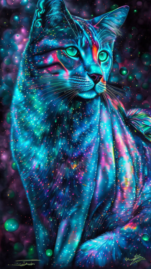 Colorful digital art: Neon cat on cosmic backdrop