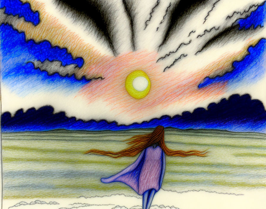 Woman in Blue Dress Watching Sunset with Colorful Sky