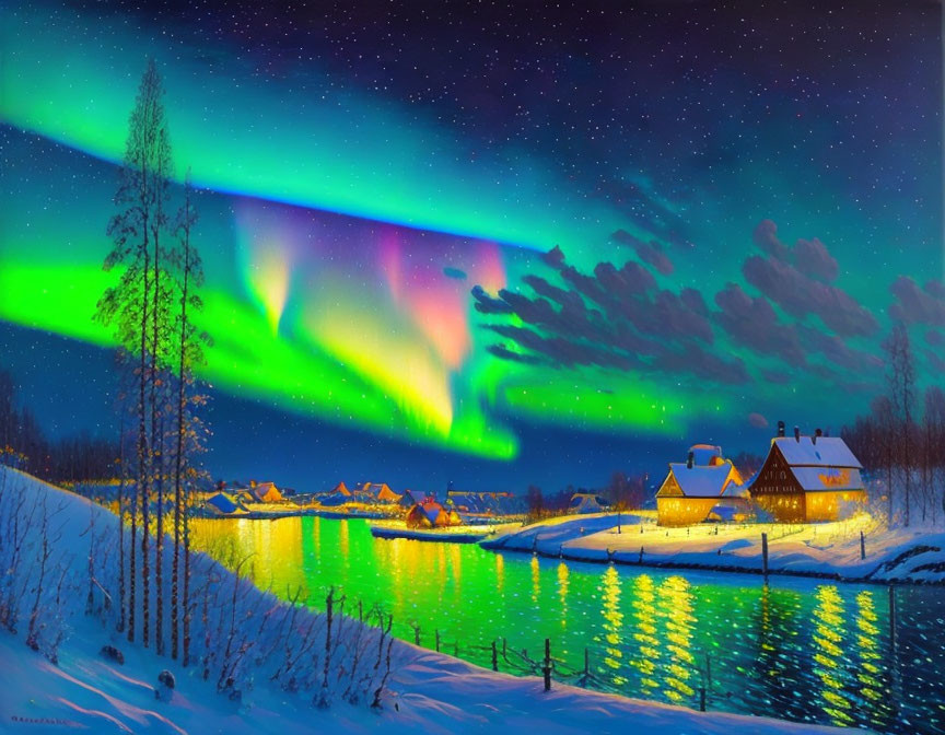 Colorful aurora borealis over snowy landscape with cozy houses and river