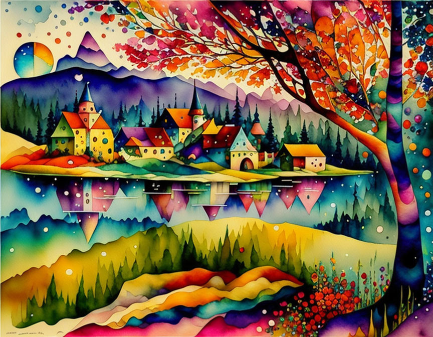 Colorful village by a lake with rolling hills and autumn tree.