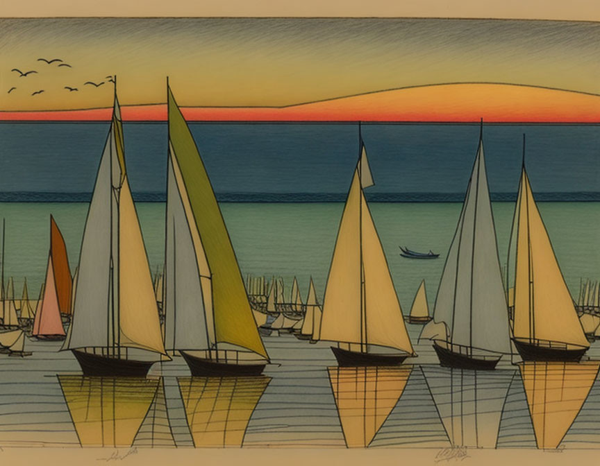 Sailboats illustration: serene sunset scene with birds and waves