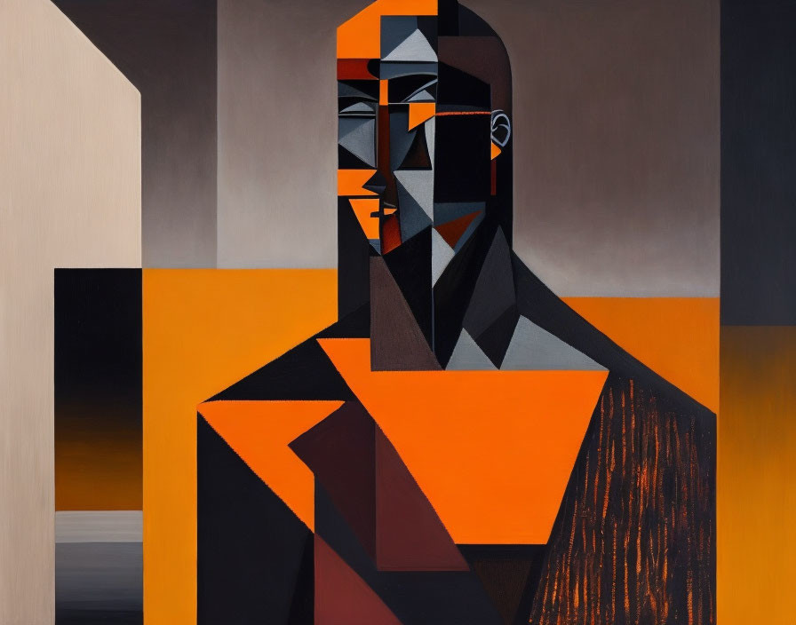 Geometric Cubist portrait in orange, black, and gray hues