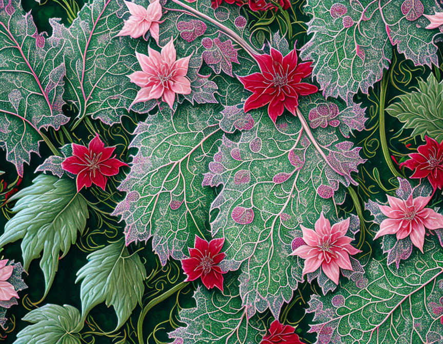 Detailed Botanical Illustration of Green Leaves with Frost and Pink Flowers