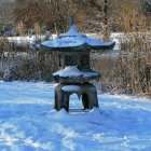 Vintage Attired Couple Sharing Umbrella in Snowy Winter Scene