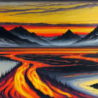 Vibrant painting of volcanic eruption with fiery lava against dramatic sunset