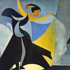 Stylized female figure in black and yellow dancing on blue background