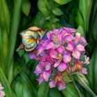 Colorful Butterfly Resting on Purple Flowers and Green Leaves