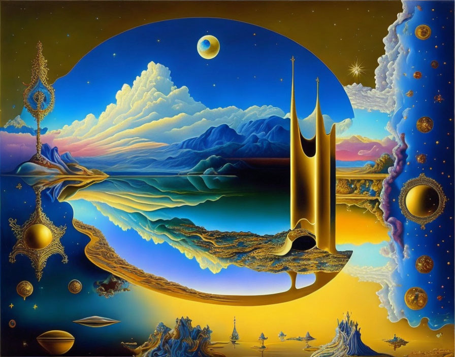 Surrealist painting of dreamlike landscape with golden structures, water, celestial bodies, and blue sky