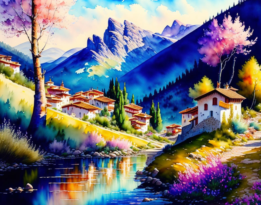 Colorful Watercolor Illustration of Lakeside Village & Mountains