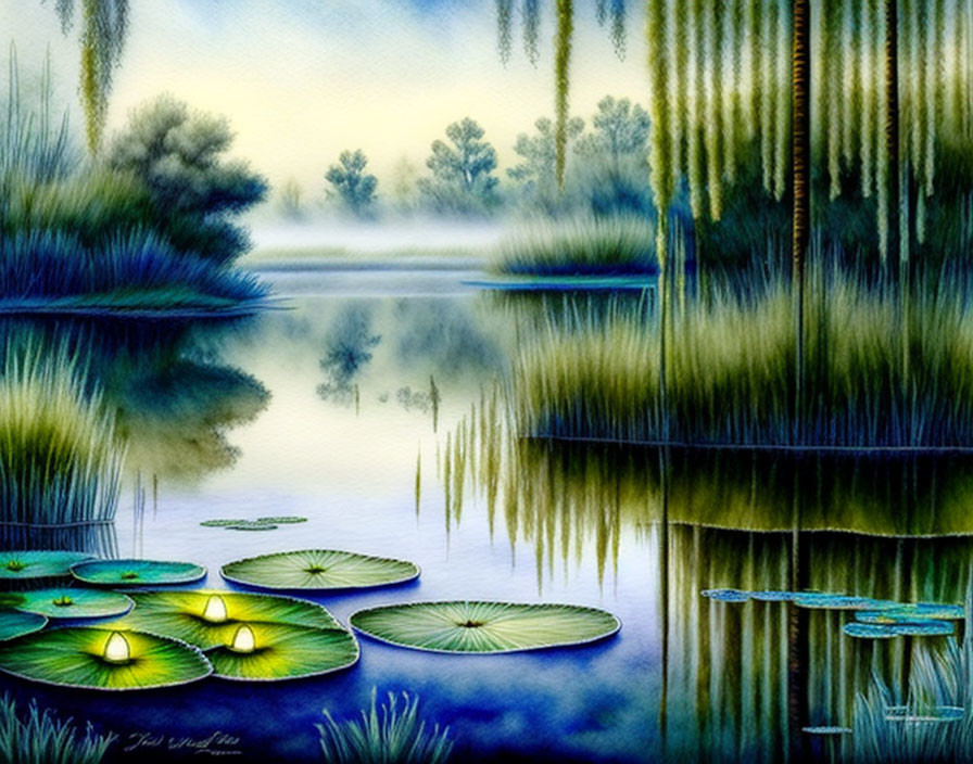 Tranquil landscape painting: calm lake, lily pads, lush greenery at twilight