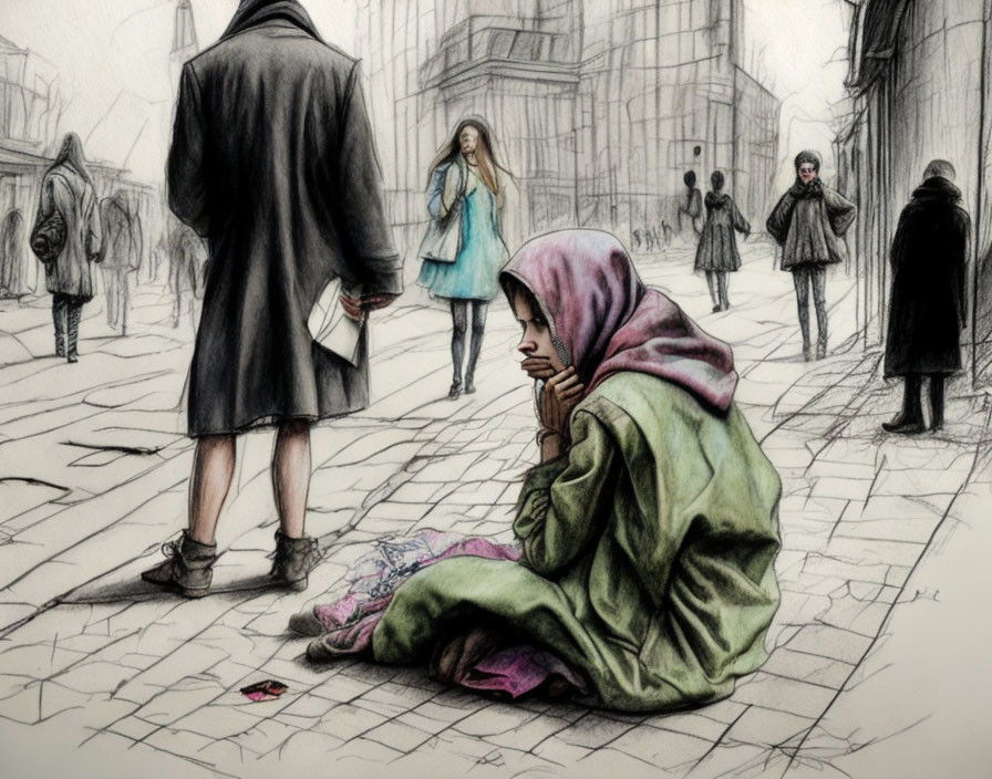 Lonely figure in green hoodie sits in grayscale city scene