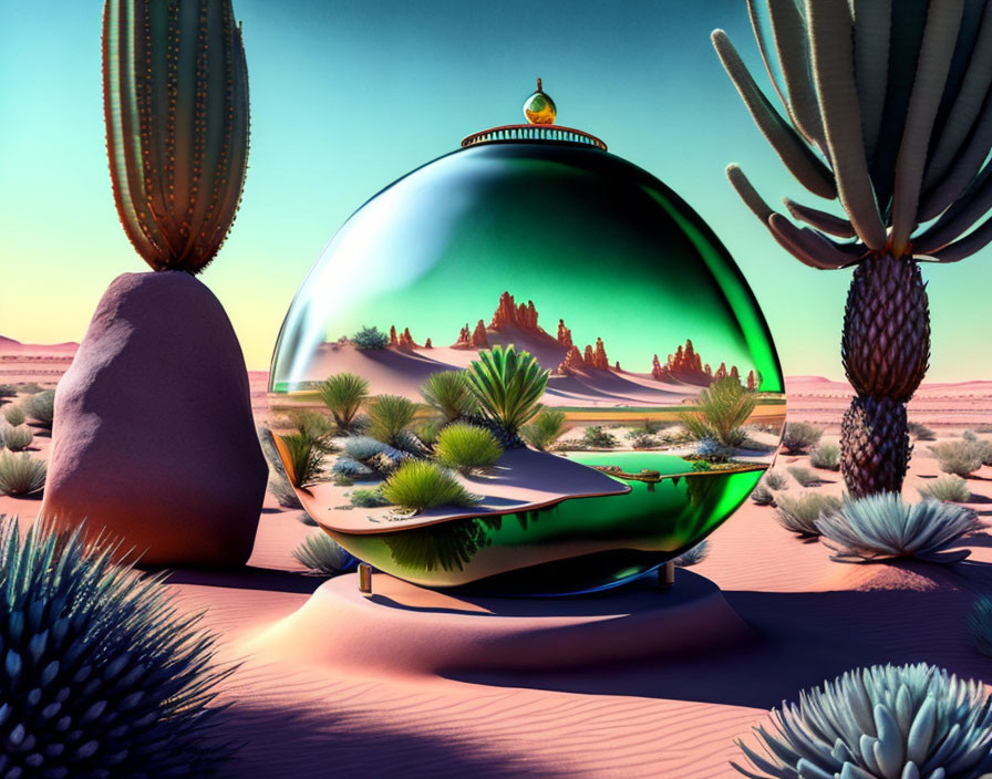 Surreal desert landscape reflected in glossy orb