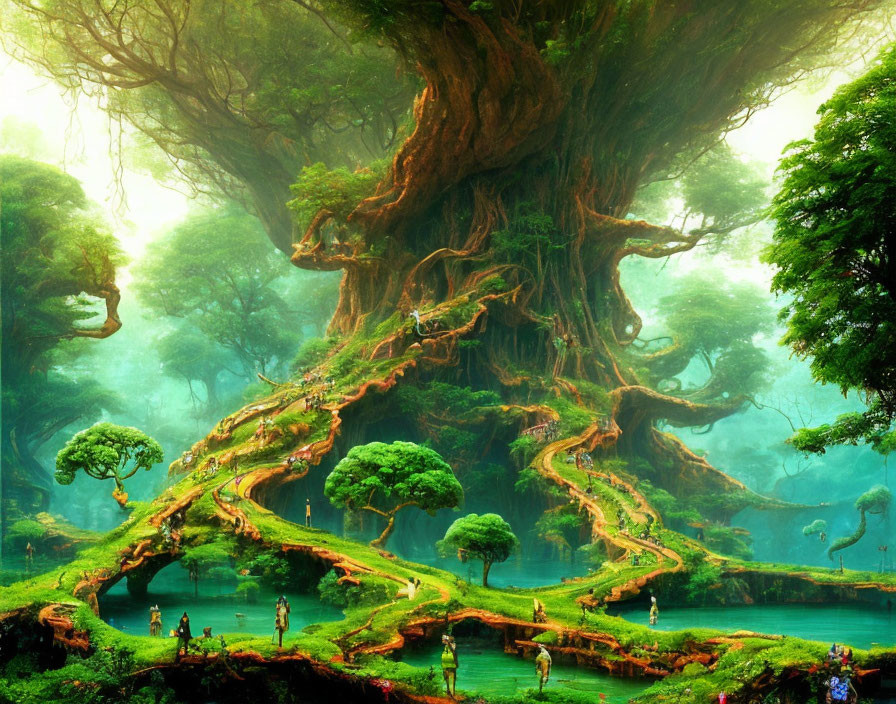 Enchanted forest scene with gigantic tree, small figures, serpentine roots