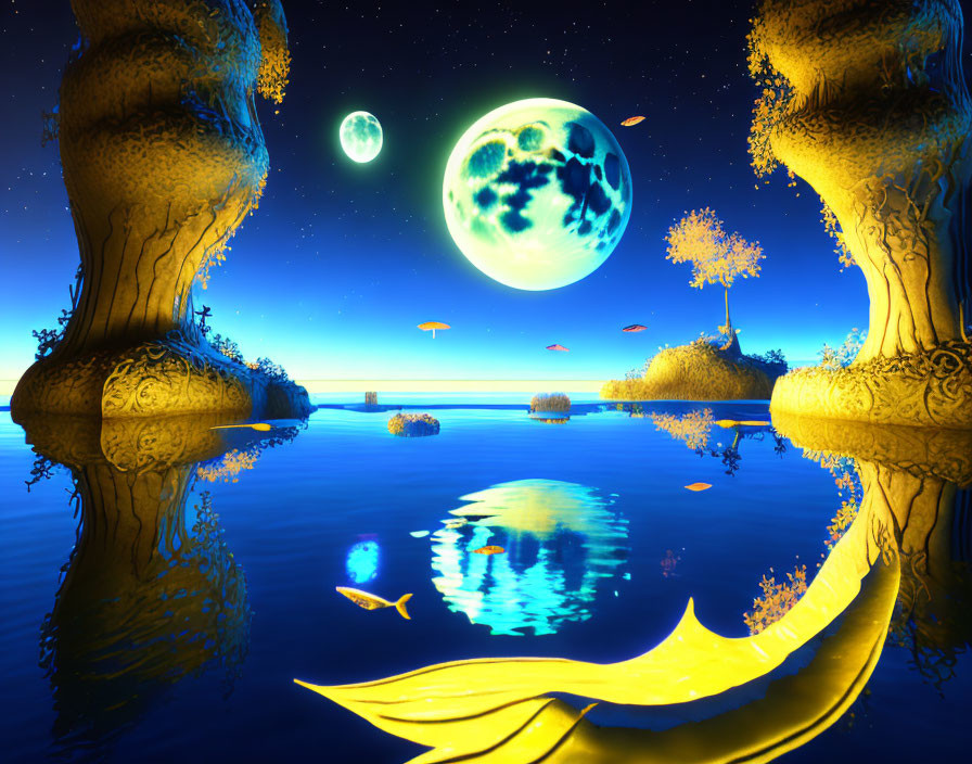 Vibrant digital art: Night fantasy landscape with celestial bodies, luminous trees, water, and