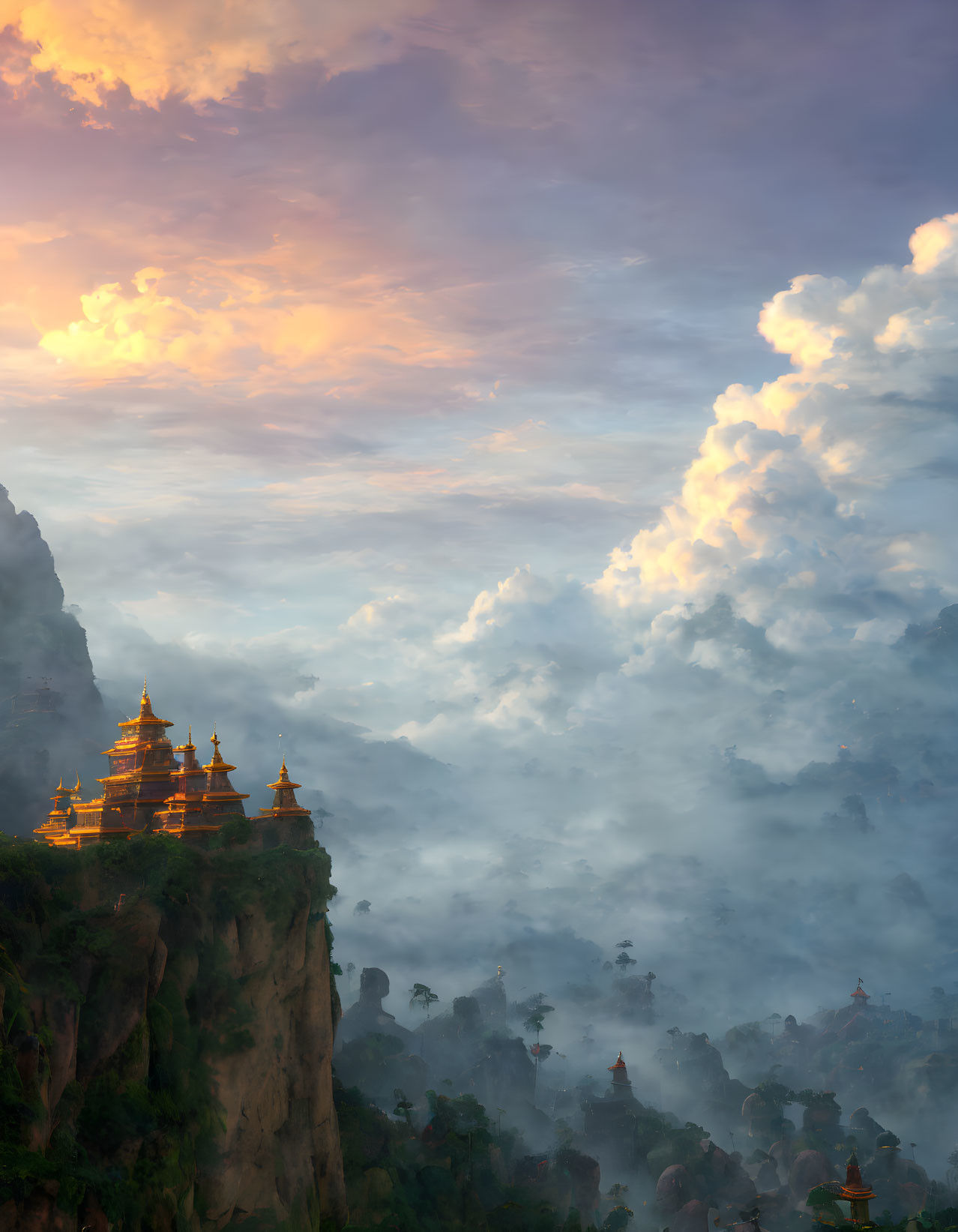 Golden temple on cliff in mystical landscape at sunrise