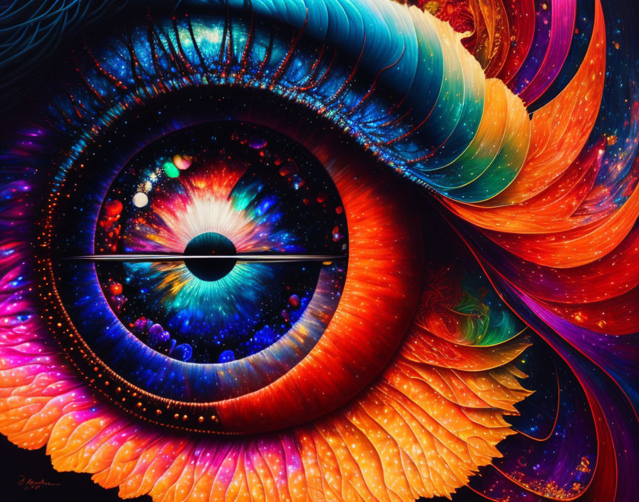 Colorful Digital Artwork: Eye with Swirling Feather and Cosmic Patterns