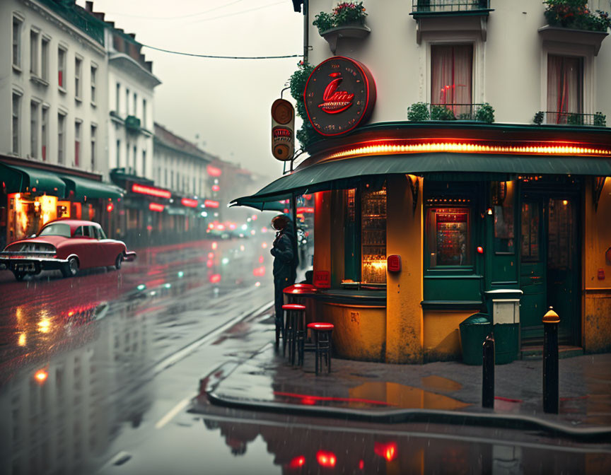 Rain-soaked street corner café under moody sky with bright red and green exterior