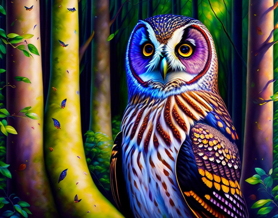 Vibrant Owl Illustration in Colorful Forest Scene