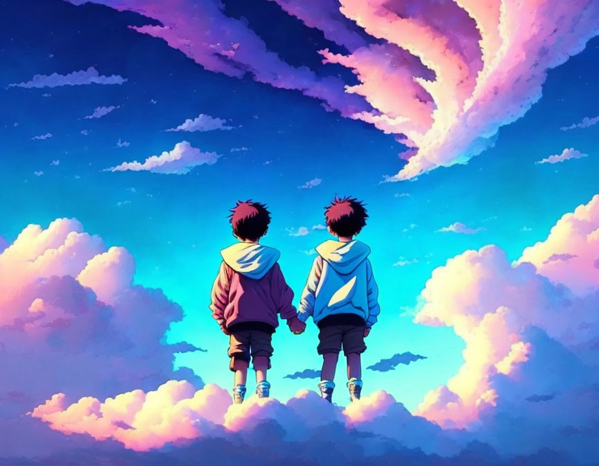 Animated characters holding hands under vibrant pink and blue sky