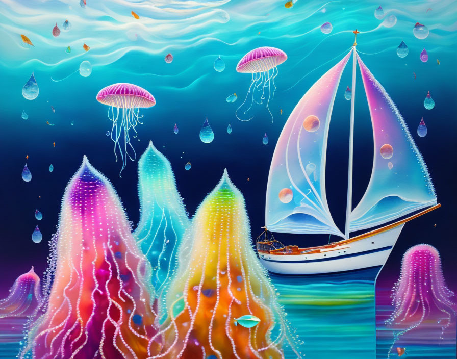 Colorful Sailboat Illustration with Jellyfish in Turquoise Sea