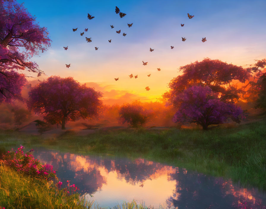 Tranquil Sunrise Landscape with Purple Trees and Birds