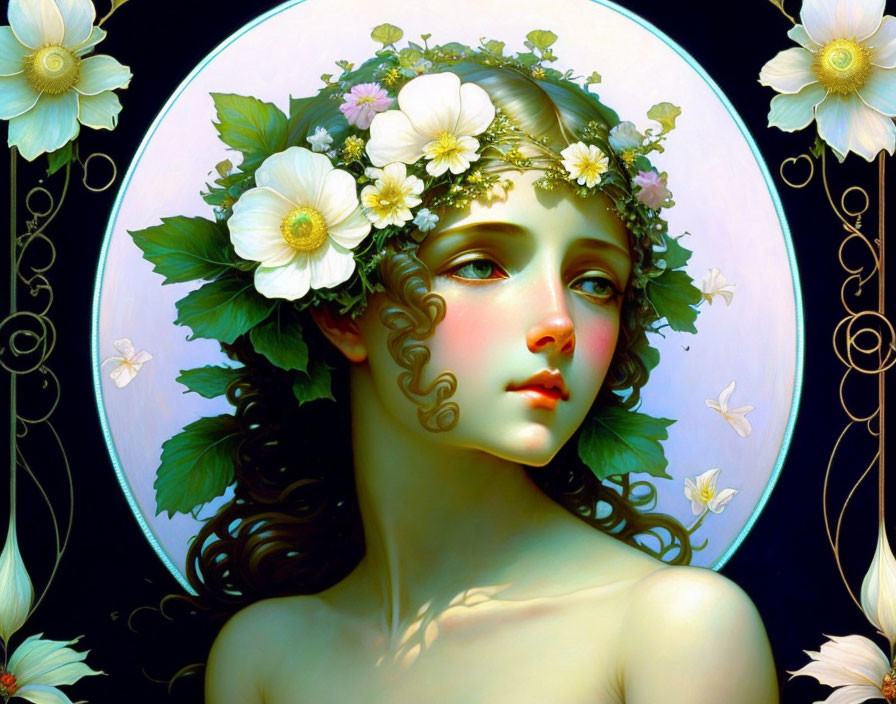 Vibrant classical-style digital painting of woman with floral crown and butterflies