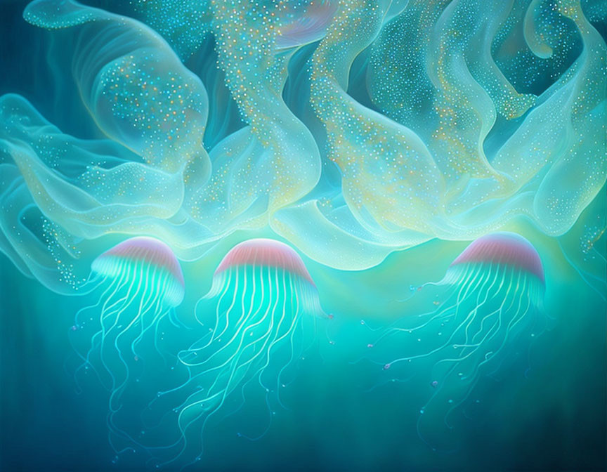 Glowing jellyfish in serene underwater scene