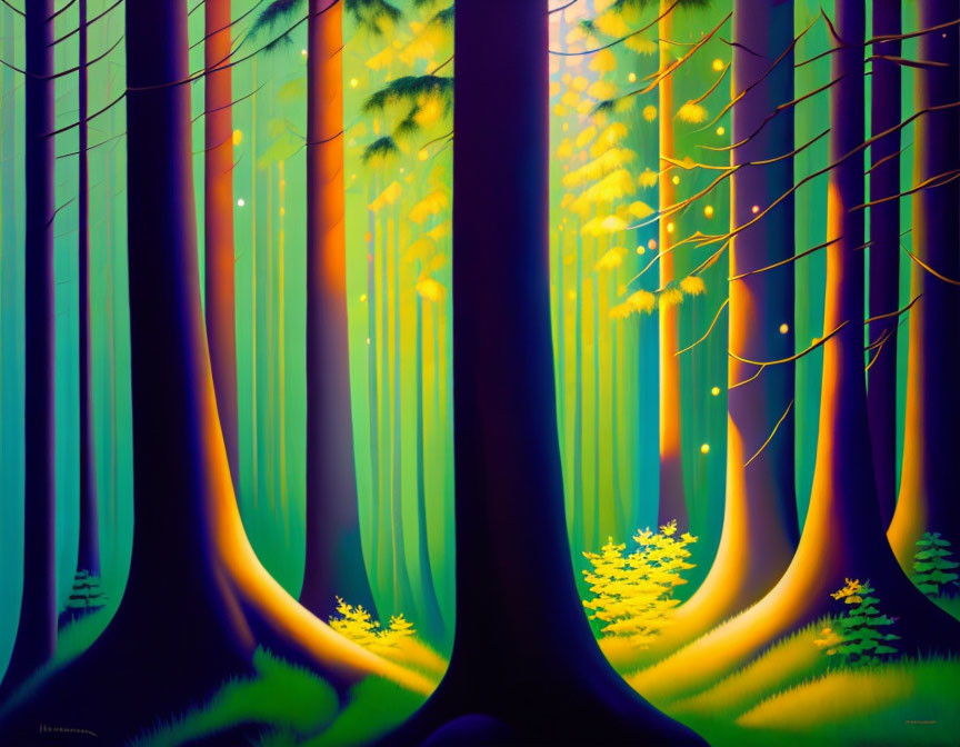 Vivid forest painting with tall trees and radiant colors