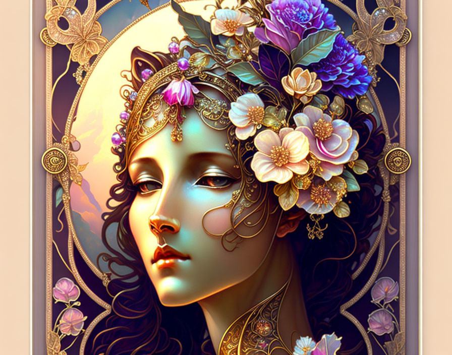 Stylized portrait of a woman with floral headpiece in golden frame