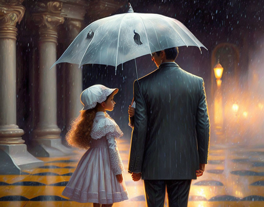 Man and girl under dolphin umbrella in vintage street rain scene