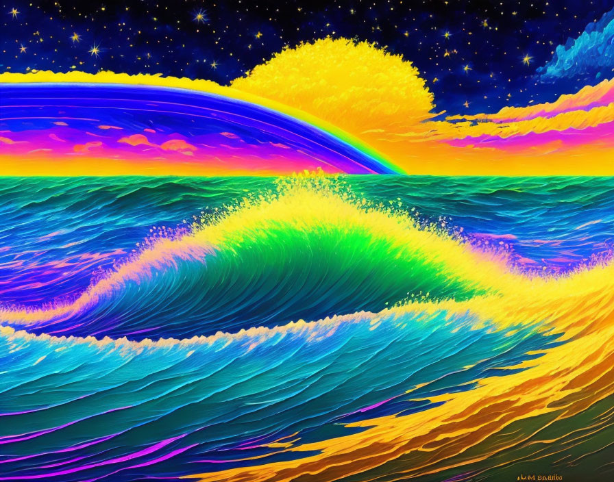 Colorful Wave Painting with Rainbow, Sun, and Stars