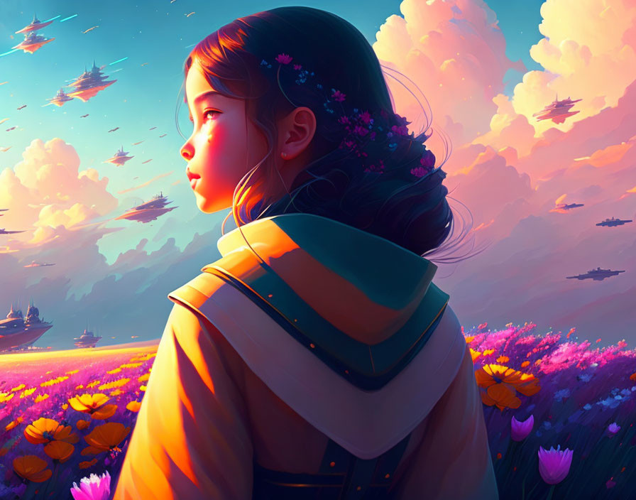 Young girl with flowers in hair gazes at vibrant sunset sky with floating ships and colorful flowers