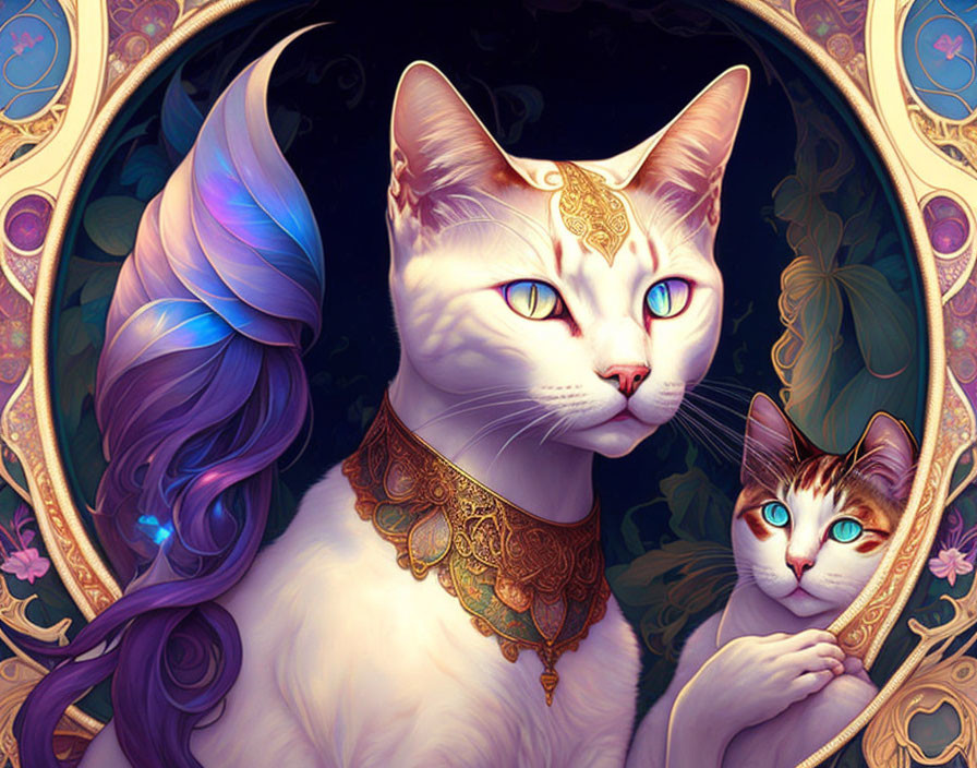 Digital Artwork: Two White Cats with Blue Eyes and Golden Jewelry on Floral Background